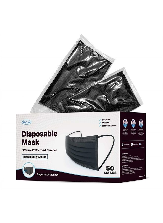 WeCare Black Face Masks Disposable - Individually Wrapped - 50 Pack, Black Masksfor Adults 3 Ply - Image 1