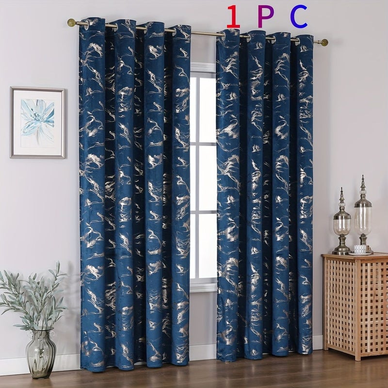Blue Gold Velvet Curtain with Marble Pattern Gilded Eyelet 140x220cm - Image 1