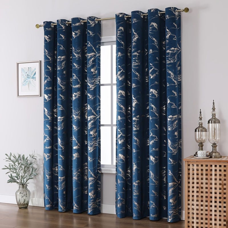 Blue Gold Velvet Curtain with Marble Pattern Gilded Eyelet 140x220cm - Image 5