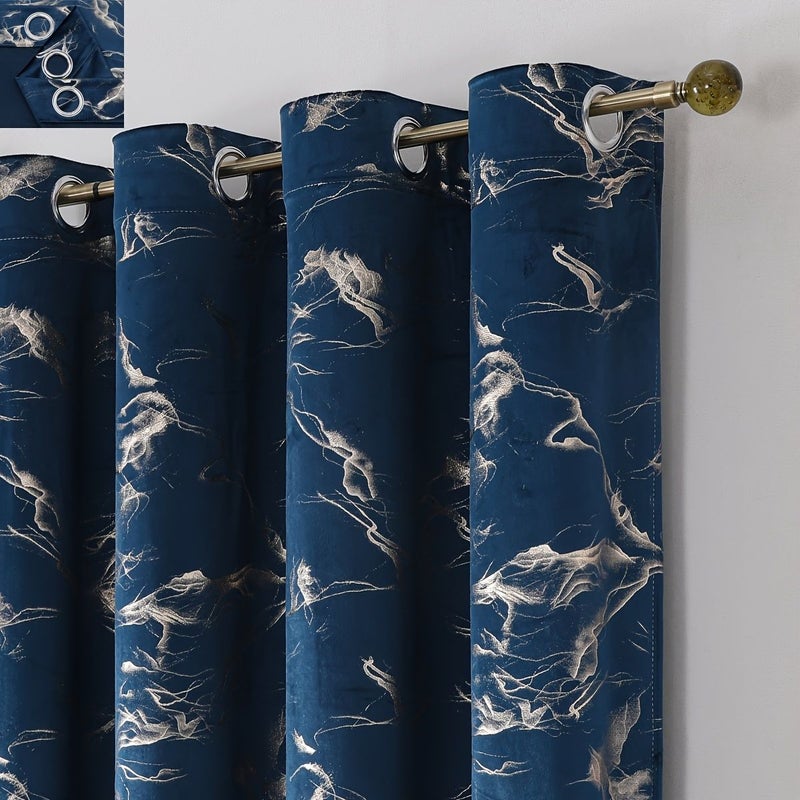 Blue Gold Velvet Curtain with Marble Pattern Gilded Eyelet 140x220cm - Image 4