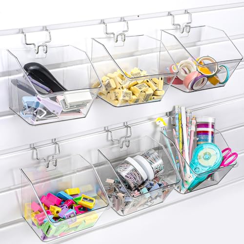 Layhit 6 Set Slatwall Bins Plastic Bins with Metal Hooks Mount Hanging Slatwall Containers Storage Organizer Slat Wall Accessories for Craft Garage Tool Storage Room Panel(Clear) - Image 1