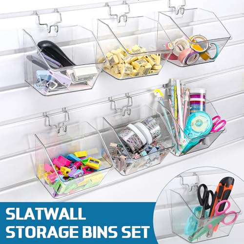 Layhit 6 Set Slatwall Bins Plastic Bins with Metal Hooks Mount Hanging Slatwall Containers Storage Organizer Slat Wall Accessories for Craft Garage Tool Storage Room Panel(Clear) - Image 2