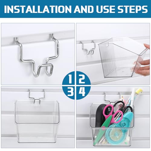 Layhit 6 Set Slatwall Bins Plastic Bins with Metal Hooks Mount Hanging Slatwall Containers Storage Organizer Slat Wall Accessories for Craft Garage Tool Storage Room Panel(Clear) - Image 4