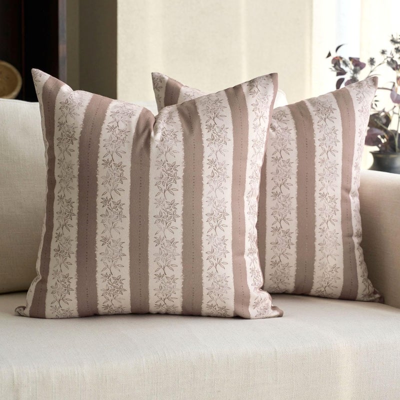 DOMVITUS Floral Pillow Covers 18x18 Inch Set of 2 Vintage Striped Block Print Decorative Throw Pillow Covers Neutral Farmhouse Boho Home Decor for Couch Sofa Bed Living Room Brown - Image 2