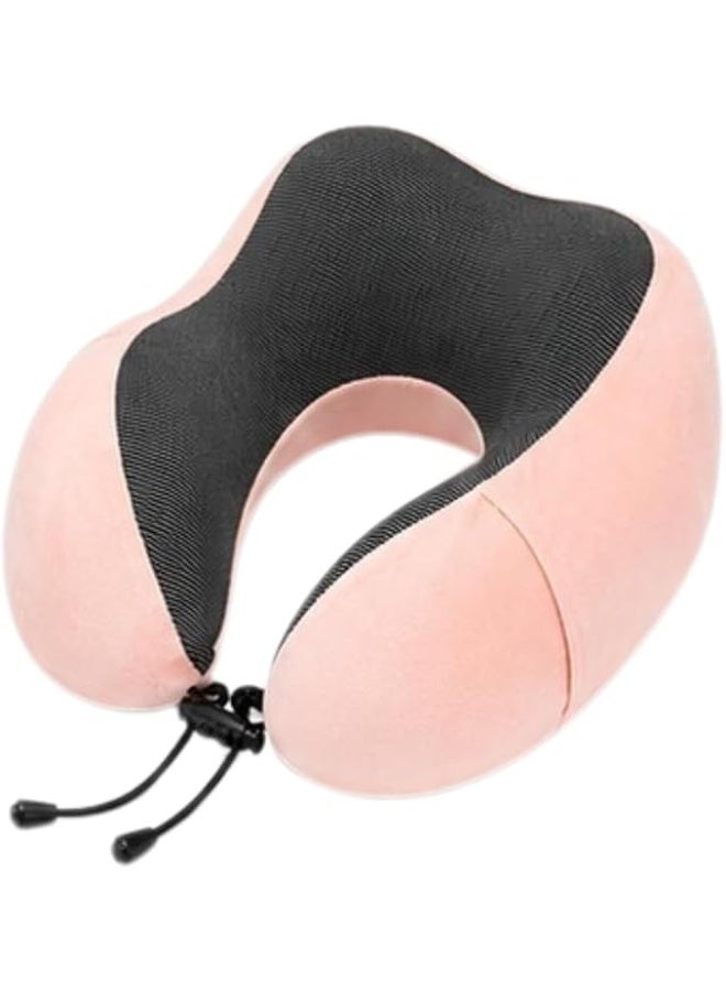 Memory Foam Travel Neck Pillow 100% Memory Foam Velvet Fabric Airplane Neck Support Pillow For Car Train Bus Office Camping Soft Portable Ergonomic Travel Essential For Men Women Light Pink - Image 1
