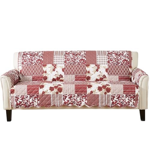 Great Bay Home Great Bay Home Patchwork Scalloped Printed Furniture Protector Stain Resistant Sofa Cover Sofa Burgundy 