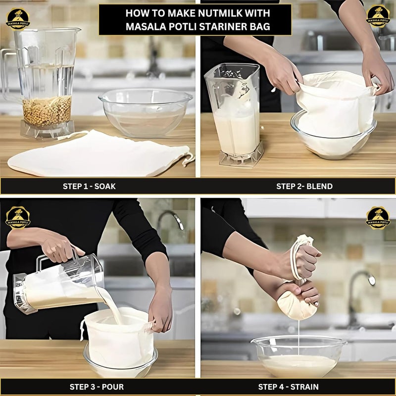 MASALA POTLI Multipurpose Strainer Bag (Pack of 2) | 100% Cotton Yogurt Maker, Nut Milk, Cold Brew Coffee, Sprouts & Juice Filter | Hung Curd Cloth & Cheesecloth | Washable, Reusable & Eco-Friendly - Image 2