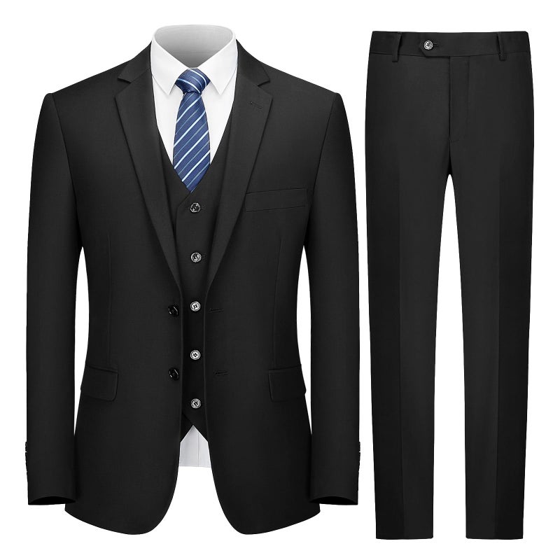 Cooper Nelson 3 Piece Mens Suit Set 2 Button Slim Fit Suit for Men Solid Jacket Vest Pants and Tie Black 3XL
