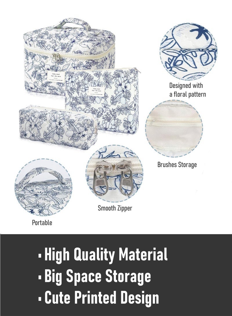 طقم حقائب مكياج من 3 قطع، حقيبة مكياج مبطنة، حقيبة مستحضرات تجميل كبيرة مزينة بالزهور للنساء، حقيبة مكياج قطنية لطيفة، حقيبة تنظيم أدوات تجميل للسفر مزينة بالزهور - Image 2