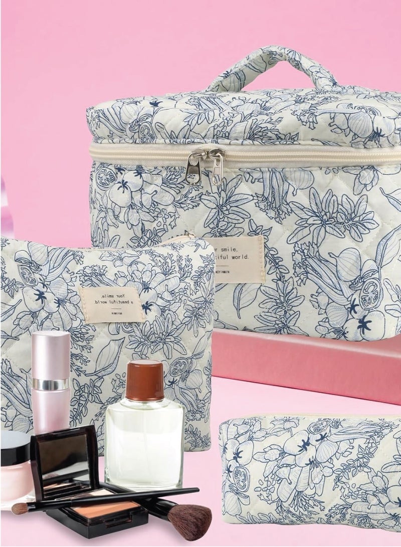 طقم حقائب مكياج من 3 قطع، حقيبة مكياج مبطنة، حقيبة مستحضرات تجميل كبيرة مزينة بالزهور للنساء، حقيبة مكياج قطنية لطيفة، حقيبة تنظيم أدوات تجميل للسفر مزينة بالزهور - Image 5