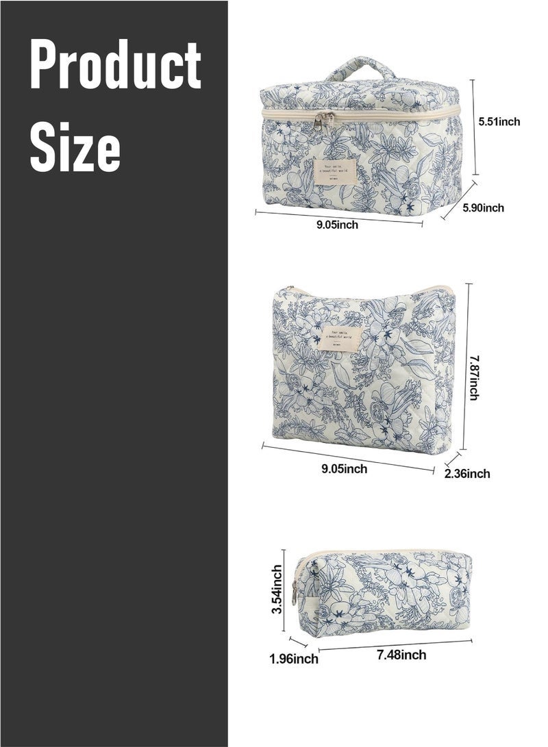 طقم حقائب مكياج من 3 قطع، حقيبة مكياج مبطنة، حقيبة مستحضرات تجميل كبيرة مزينة بالزهور للنساء، حقيبة مكياج قطنية لطيفة، حقيبة تنظيم أدوات تجميل للسفر مزينة بالزهور - Image 3