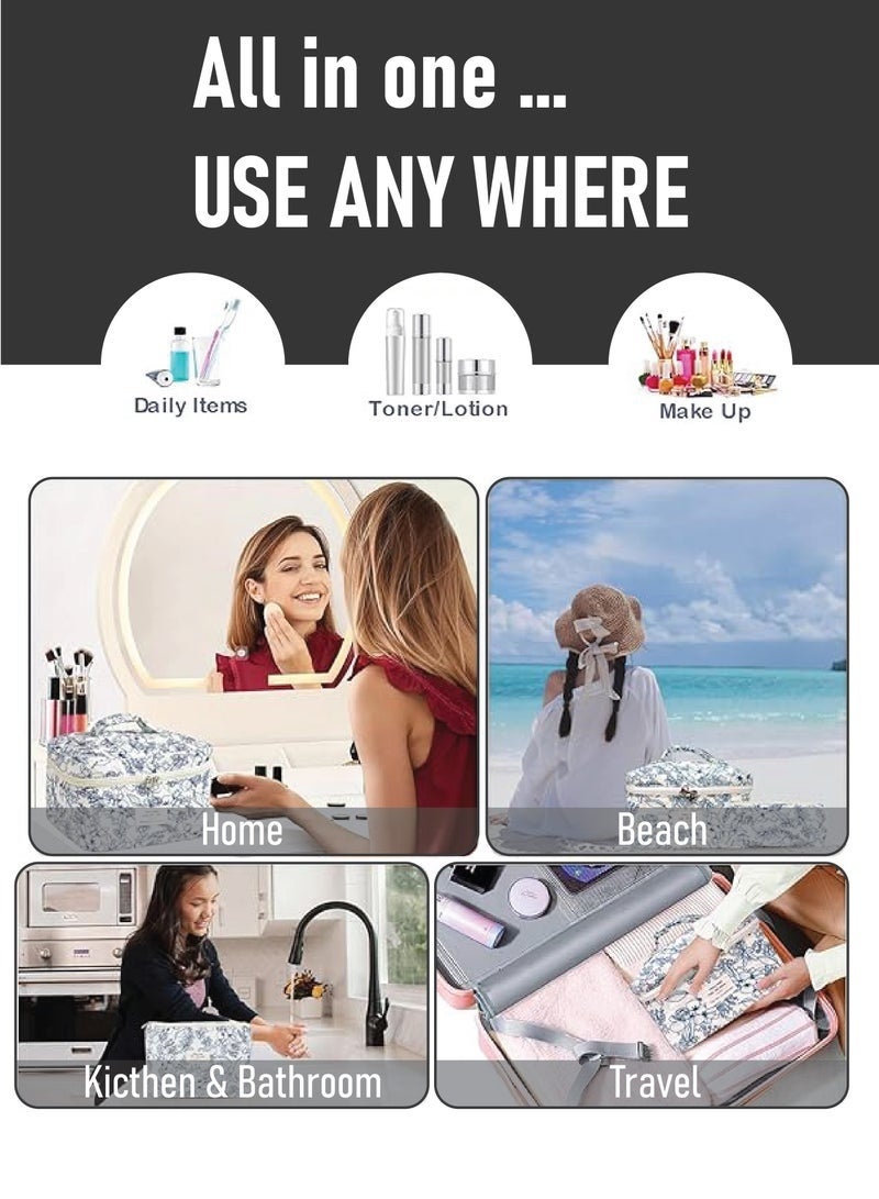 طقم حقائب مكياج من 3 قطع، حقيبة مكياج مبطنة، حقيبة مستحضرات تجميل كبيرة مزينة بالزهور للنساء، حقيبة مكياج قطنية لطيفة، حقيبة تنظيم أدوات تجميل للسفر مزينة بالزهور - Image 4