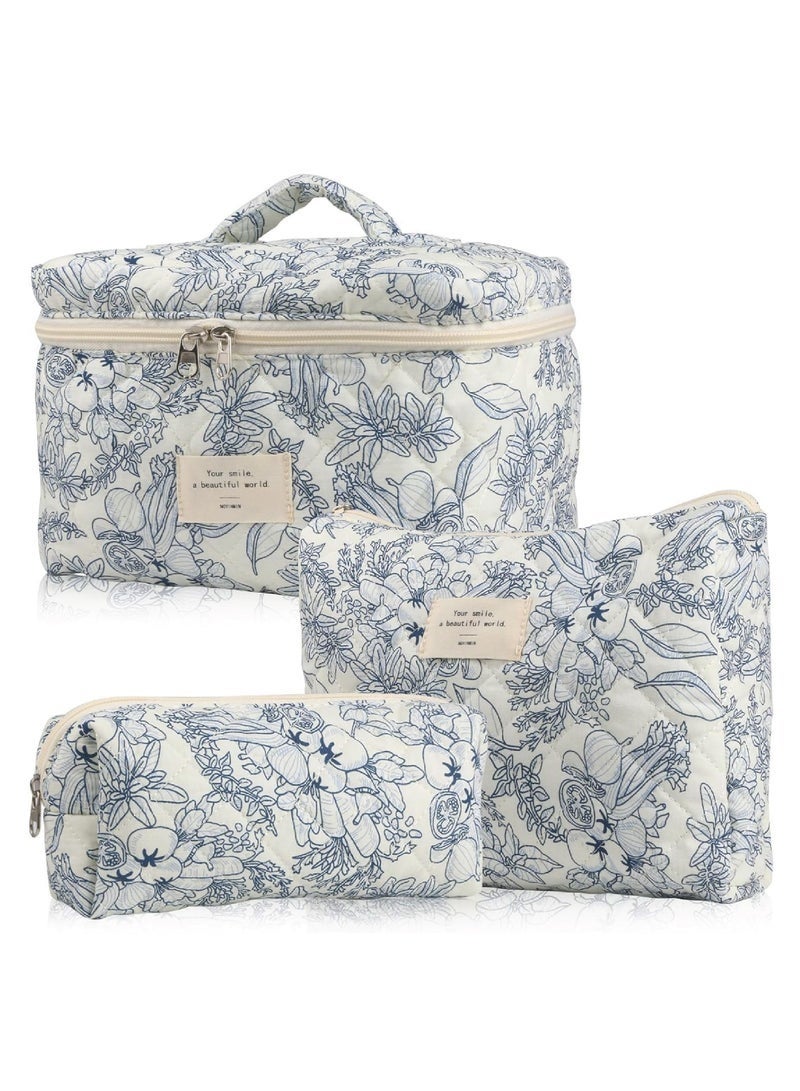 طقم حقائب مكياج من 3 قطع، حقيبة مكياج مبطنة، حقيبة مستحضرات تجميل كبيرة مزينة بالزهور للنساء، حقيبة مكياج قطنية لطيفة، حقيبة تنظيم أدوات تجميل للسفر مزينة بالزهور - Image 1