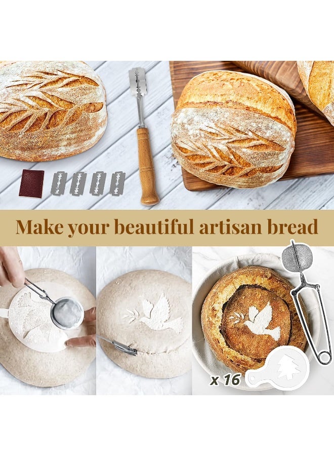 مجموعة أدوات بدء صنع العجين المخمر، سلة خبز بانيتون مستديرة مقاس 9 بوصات وبيضاوية مقاس 10 بوصات، أدوات صنع العجين المخمر مع مكشطة عجين، خفاقة، سكين خبز، حزام سيليكون، وصفة - Image 4