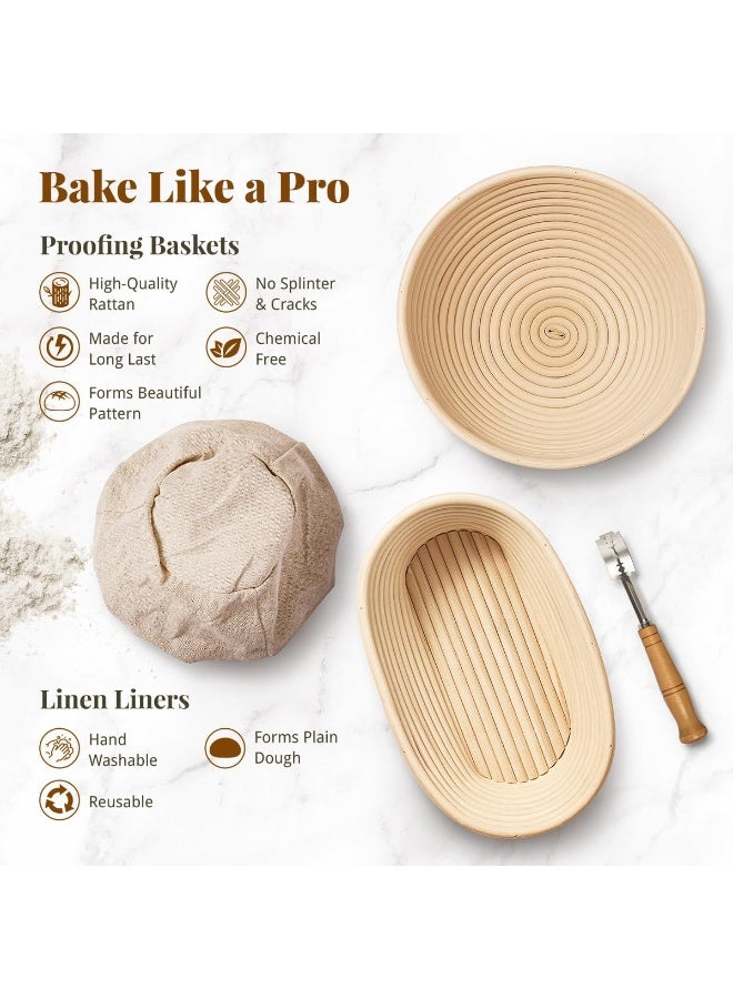 مجموعة أدوات بدء صنع العجين المخمر، سلة خبز بانيتون مستديرة مقاس 9 بوصات وبيضاوية مقاس 10 بوصات، أدوات صنع العجين المخمر مع مكشطة عجين، خفاقة، سكين خبز، حزام سيليكون، وصفة - Image 2