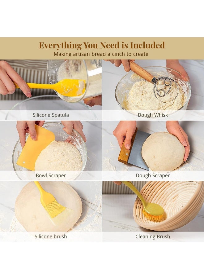 مجموعة أدوات بدء صنع العجين المخمر، سلة خبز بانيتون مستديرة مقاس 9 بوصات وبيضاوية مقاس 10 بوصات، أدوات صنع العجين المخمر مع مكشطة عجين، خفاقة، سكين خبز، حزام سيليكون، وصفة - Image 5