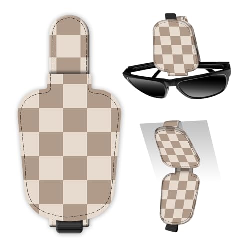 BDFHYK DtuiQSDRV Leather Magnetic Sunglass Holder for Car Sun Visor Cute Eyeglass Ticket Card Hanger Clip Universal Auto Interior Accessories for SUV Pickup Truck Light Brown Checker - Image 1