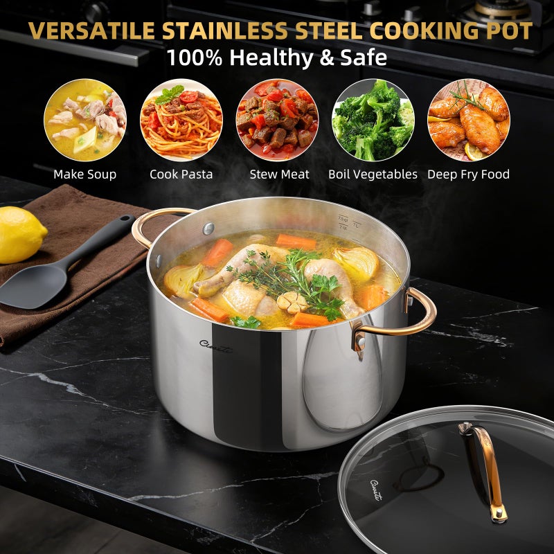 Ciwete 8 Quart Stock Pot with Lid, Upgraded Tri-Ply Stainless Steel Pot, Seamless Soup Pot with Stay-Cool Brass Handle, Healthy Polished Stockpots, Induction Cookware, Oven and Dishwasher Safe - Image 5