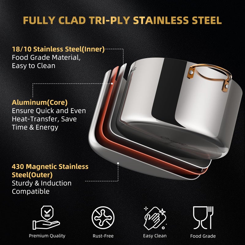 Ciwete 8 Quart Stock Pot with Lid, Upgraded Tri-Ply Stainless Steel Pot, Seamless Soup Pot with Stay-Cool Brass Handle, Healthy Polished Stockpots, Induction Cookware, Oven and Dishwasher Safe - Image 4
