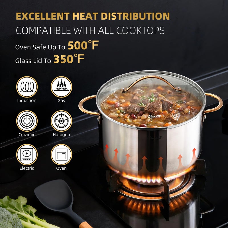 Ciwete 8 Quart Stock Pot with Lid, Upgraded Tri-Ply Stainless Steel Pot, Seamless Soup Pot with Stay-Cool Brass Handle, Healthy Polished Stockpots, Induction Cookware, Oven and Dishwasher Safe - Image 3