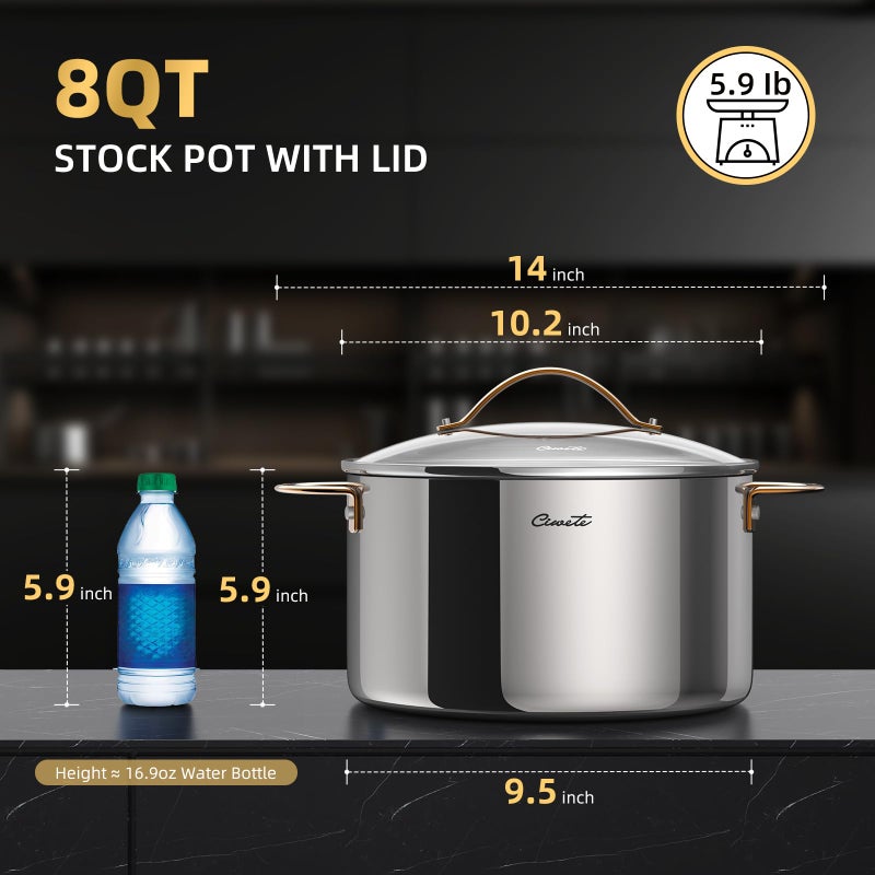 Ciwete 8 Quart Stock Pot with Lid, Upgraded Tri-Ply Stainless Steel Pot, Seamless Soup Pot with Stay-Cool Brass Handle, Healthy Polished Stockpots, Induction Cookware, Oven and Dishwasher Safe - Image 2