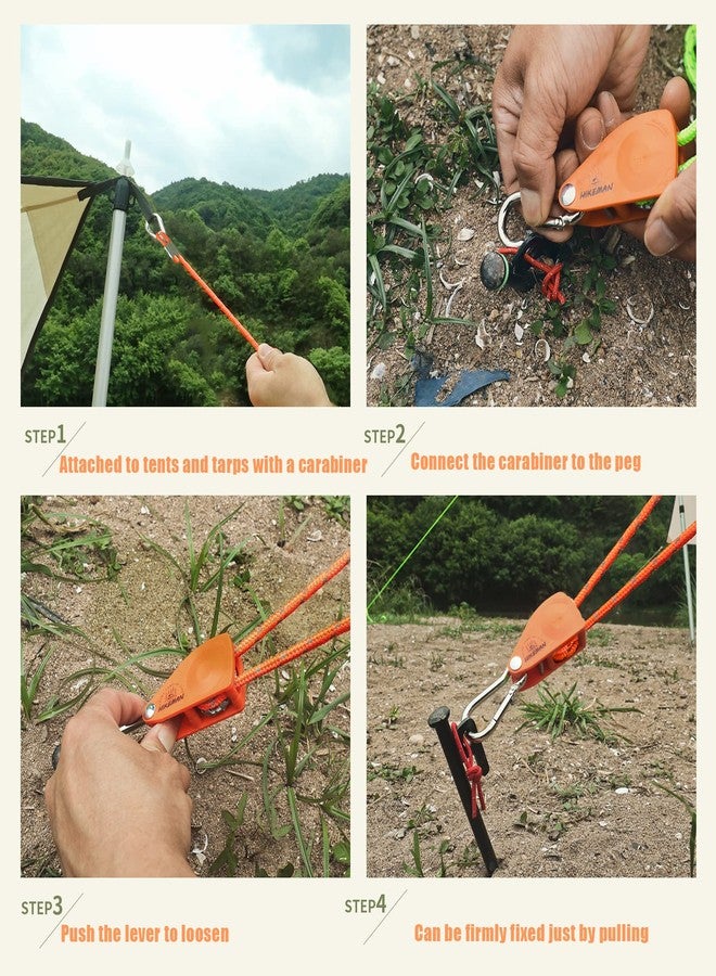Hikeman Camping Rope with Ratchet Pulley,Quick Setup Outdoor Guy Lines Adjustable Tent Tie Downs Rope Hanger for Canopy,Kayak and Canoe,Grow Light (4PCS,Orange) - Image 5