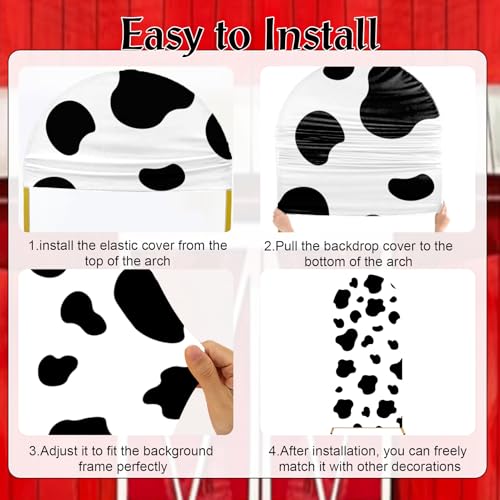 Jiytivity 3 Pcs Farm Arch Backdrop Cover 4ft 5ft 6ft Red Farm Barn Cow Print Arch Cover Farm Animals Theme Double-Sided Arch Background Stand Stretchy Fabric Covers Photo Background for Birthday Decoration - Image 4