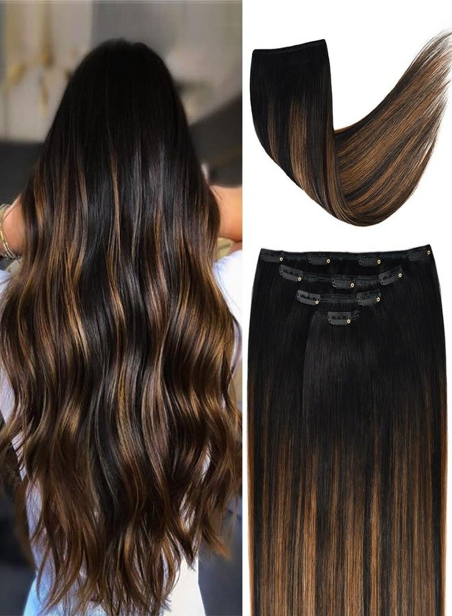 Winsky 18" Hair Extensions Balayage Clip in Human Hair for Women - Silky Straight Natural Black to Chestnut Brown Highlight Black Ombre Hair 60grams 4pieces #(1BT6) P1B Color - Image 1