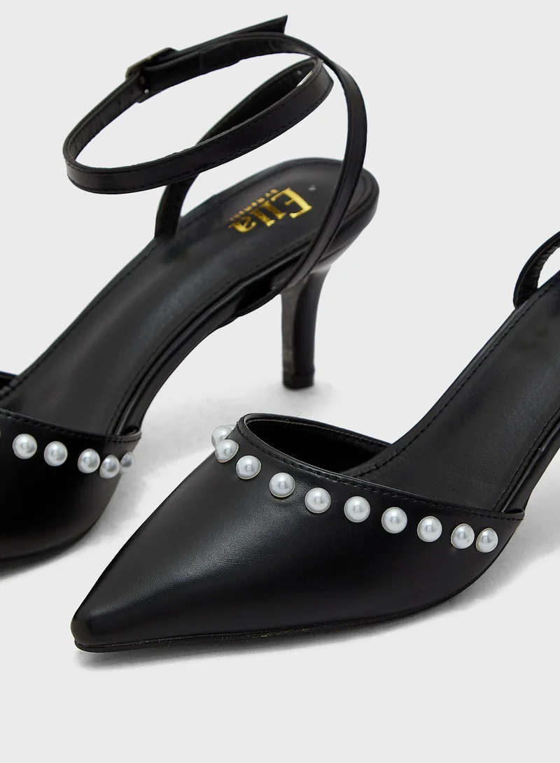 ELLA Pearl Trim Pointed Ankle Strap Pump