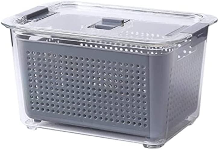 RIGJAK Fridge Storage Box Refrigerator Fresh Vegetable Fruit Meat Container Removable Drain Basket Storage Containers with Lid Kitchen Tools Organizer 17L Grey White - Image 2