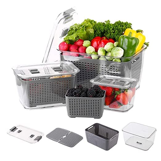 RIGJAK Fridge Storage Box Refrigerator Fresh Vegetable Fruit Meat Container Removable Drain Basket Storage Containers with Lid Kitchen Tools Organizer 17L Grey White - Image 1