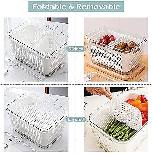 RIGJAK Fridge Storage Box Refrigerator Fresh Vegetable Fruit Meat Container Removable Drain Basket Storage Containers with Lid Kitchen Tools Organizer 17L Grey White - Image 5