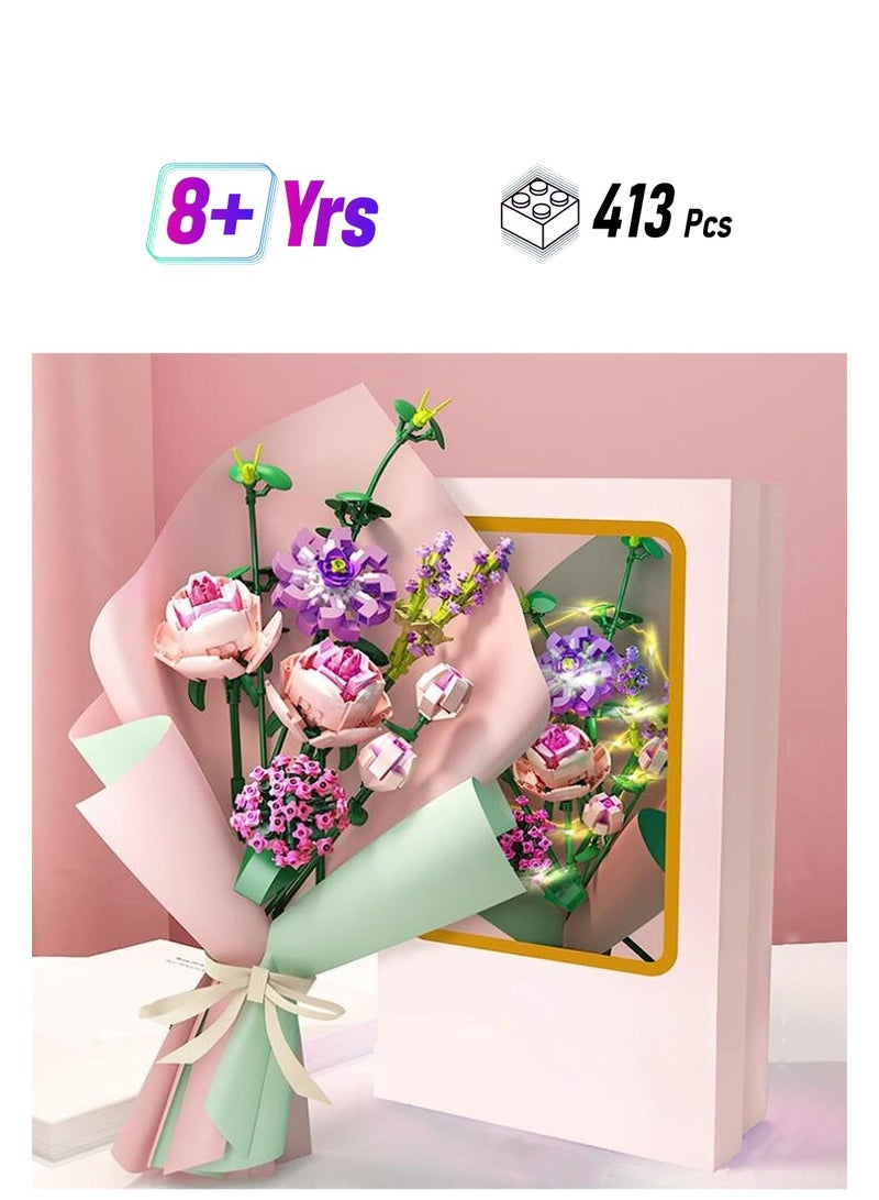 Rose Flower Bouquet Building Kit, Unique Artificial Flowers with LED LightWrapping Paper and Card, DIY Creative Flower Bouquet Set  Ideal Gifts for Adult Girl Kids Birthday 413 Pieces - Image 1