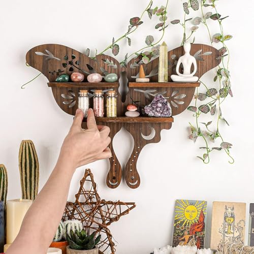 ANROYE Luna Moth Crystal Shelf Display, Boho Pine Wood Wall Floating Shelves with Light for Gem Stone Essential Oil Storage, Bohemian Wooden Butterfly Hanging Witch Rustic Decor Holder - Image 2