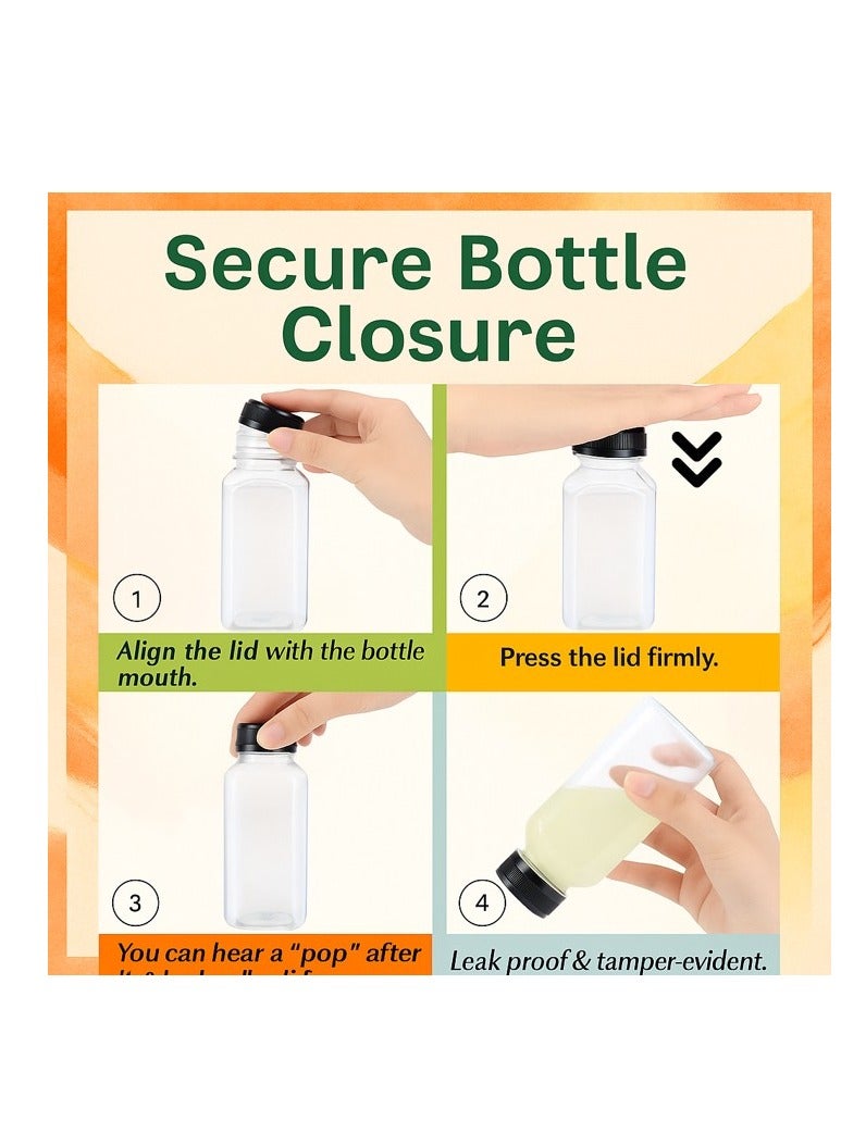 لافيش زجاجات بلاستيكية فارغة مربعة قابلة لإعادة الاستخدام، ٨ زجاجات، سعة ١٠٠ مل/٤ أونصة | حاويات شفافة لحفظ العصائر والحليب والماء بأغطية سوداء | زجاجات مشروبات محمولة بحجم مناسب للسفر - Image 2