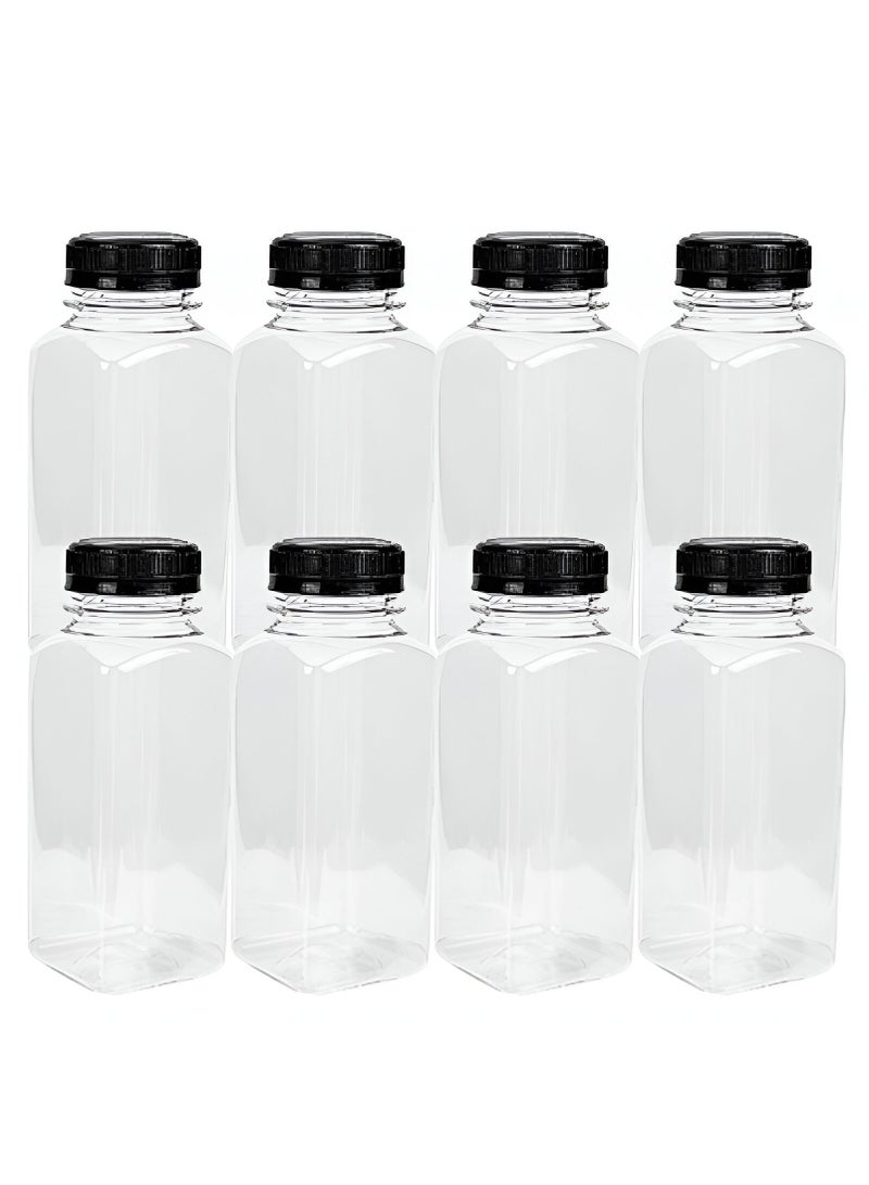 لافيش زجاجات بلاستيكية فارغة مربعة قابلة لإعادة الاستخدام، ٨ زجاجات، سعة ١٠٠ مل/٤ أونصة | حاويات شفافة لحفظ العصائر والحليب والماء بأغطية سوداء | زجاجات مشروبات محمولة بحجم مناسب للسفر - Image 1