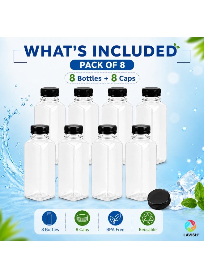 Lavish Empty Plastic Reusable Square Bottles 8Pcs 100ml/4Oz | Transparent Juice, Milk, Water Storage Containers with Black Caps | Portable Travel Size Beverage Bottles - Image 2