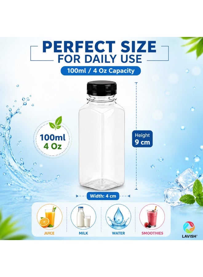 Lavish Empty Plastic Reusable Square Bottles 8Pcs 100ml/4Oz | Transparent Juice, Milk, Water Storage Containers with Black Caps | Portable Travel Size Beverage Bottles - Image 3