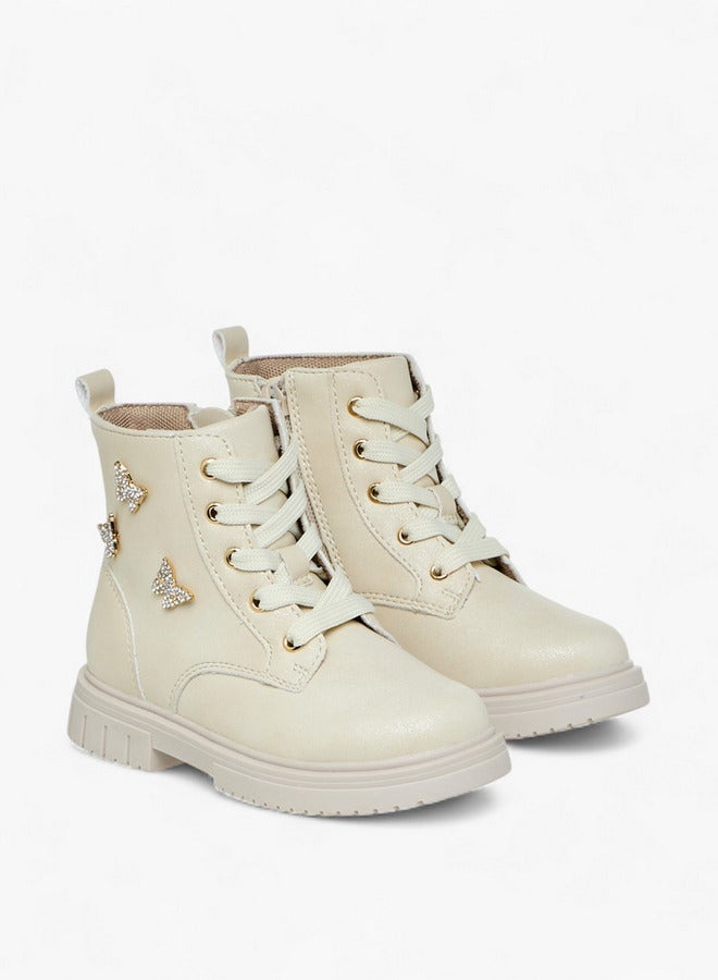 JUNIORS Butterfly Embellished High Cut Boots with Zip Closure - Image 1