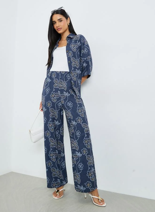 Styli Navy Blue Floral Print Shirt and Trousers Co-Ords