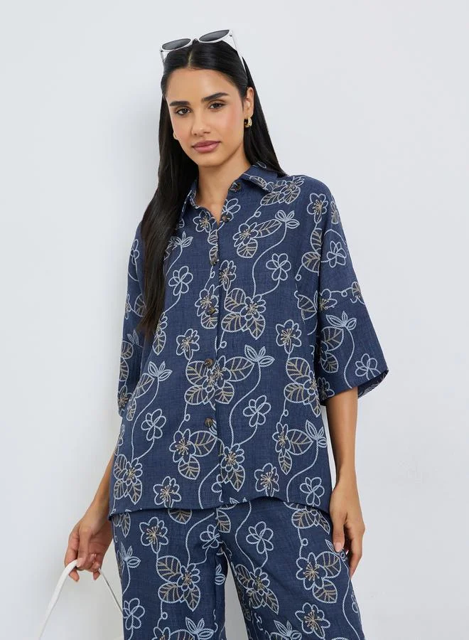 Styli Navy Blue Floral Print Shirt and Trousers Co-Ords