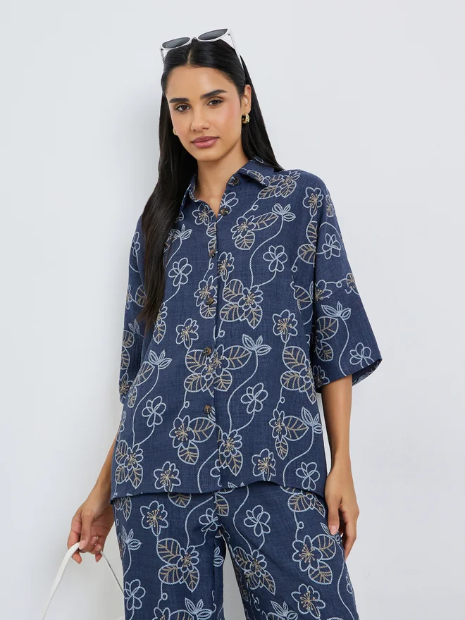Styli Styli Navy Blue Floral Print Shirt and Trousers Co-Ords