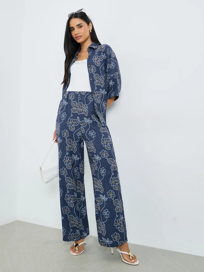 Styli Styli Navy Blue Floral Print Shirt and Trousers Co-Ords