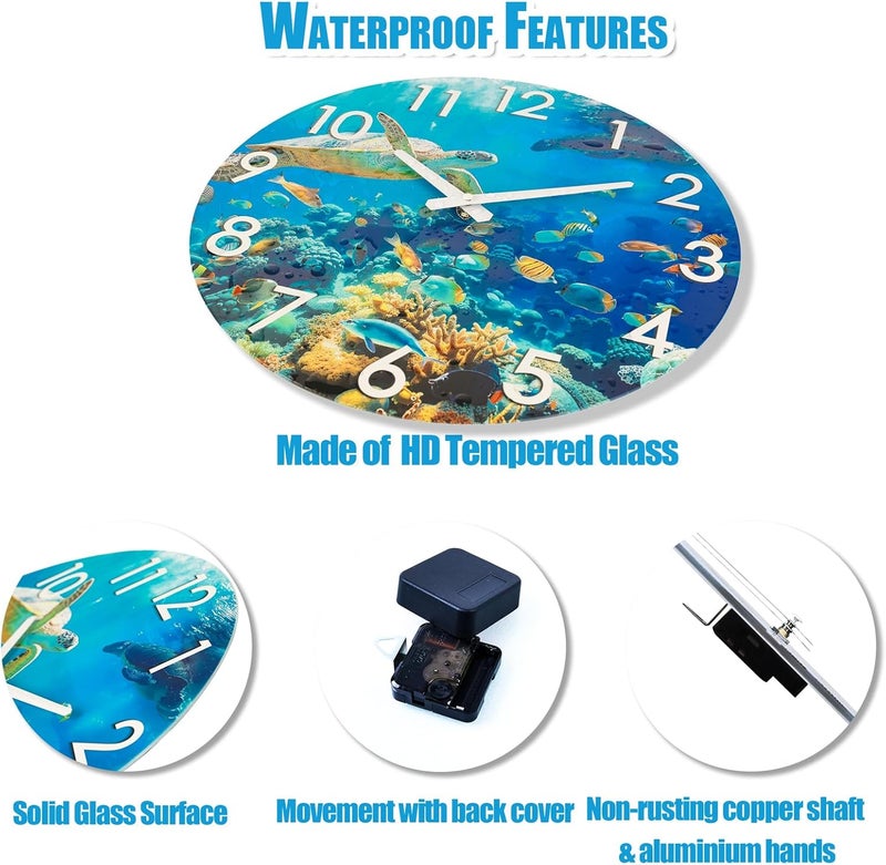 Crosstime 16 Inch Waterproof Large Outdoor Clock for Patio Pool Garden, Blue Ocean Beach Coastal Decor Glass Wall Clock for Bathroom Bedroom Home, Sea Turtle Underwater Theme - Image 3