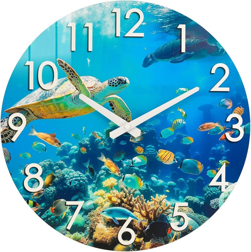 Crosstime 16 Inch Waterproof Large Outdoor Clock for Patio Pool Garden, Blue Ocean Beach Coastal Decor Glass Wall Clock for Bathroom Bedroom Home, Sea Turtle Underwater Theme - Image 1