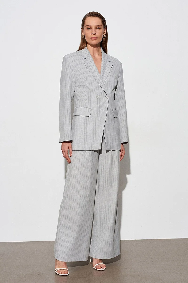 Dilvin Grey DILVIN High-Waist Striped Capri Wide-Leg Trousers for Women | Best Price UAE
