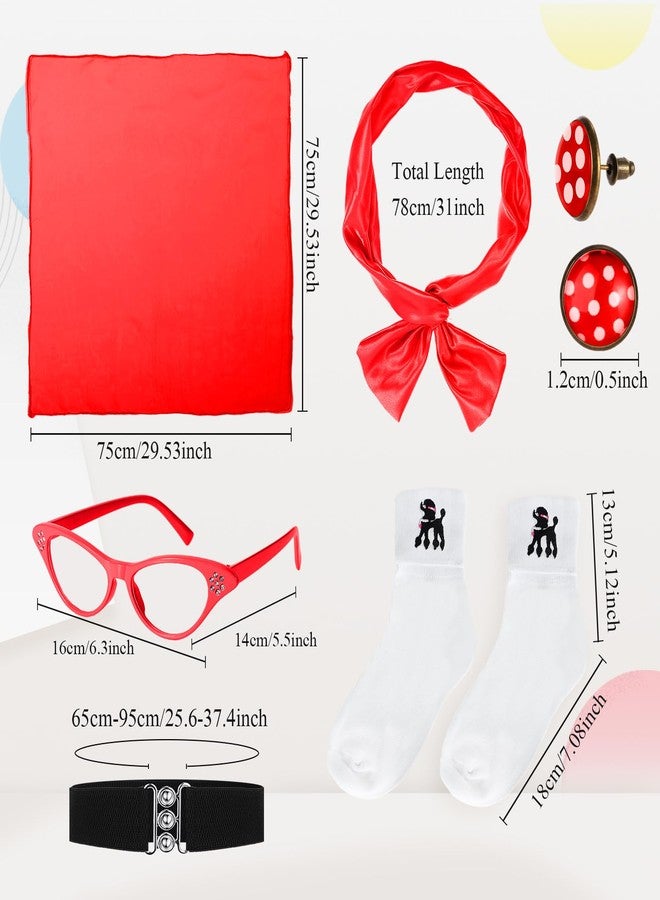 Breathffy Women 1950s Poodle Skirt Costume Outfit Sock Hop Costume Skirt Scarf Belt Sock Eyeglass(Large,Red) - Image 2