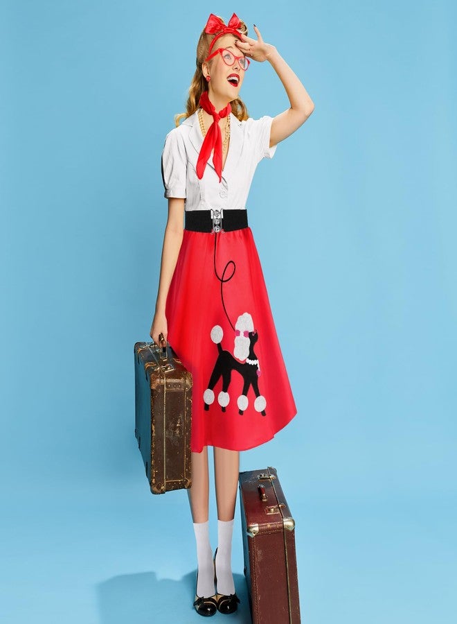 Breathffy Women 1950s Poodle Skirt Costume Outfit Sock Hop Costume Skirt Scarf Belt Sock Eyeglass(Large,Red) - Image 4
