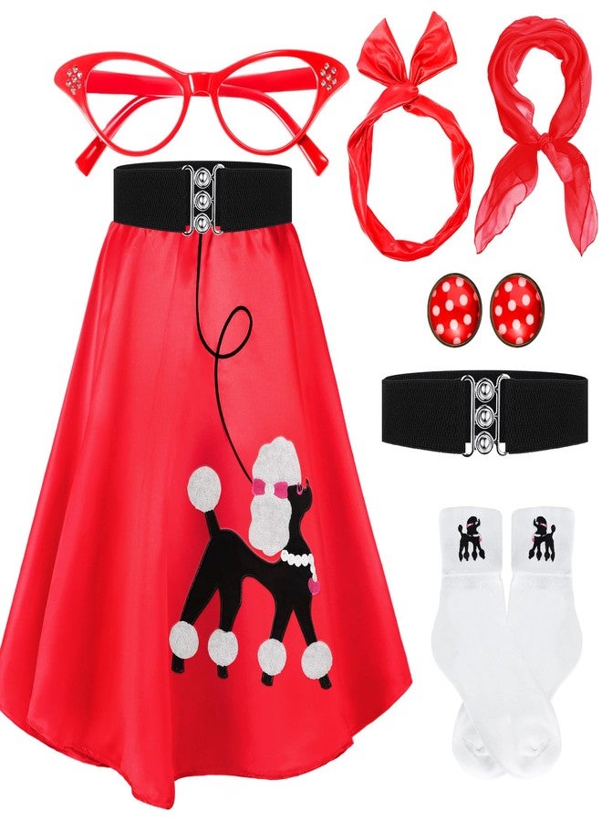 Breathffy Women 1950s Poodle Skirt Costume Outfit Sock Hop Costume Skirt Scarf Belt Sock Eyeglass(Large,Red) - Image 1