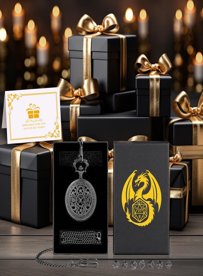 Keller & Weber Mini DND Dice Set with Steampunk Hollow Gear Pocket Watch Case, Tiny 7-Piece Polyhedral Metal D&D Dice, DND Gifts with Gift Box, Role Playing Game Board Game Accessories Dice, Dark Silver - Image 3